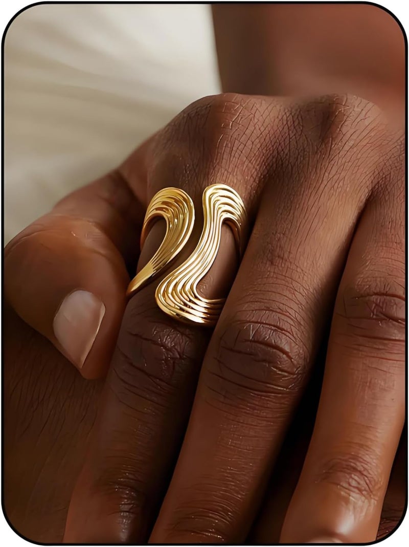 AiTURE Chunky Rings For Women, Gold Silver Thumb Ring Asymmetrical Wavy Curve Ring Adjustable Non Tarnish Dainty Stainless Steel New Year Anniversary Birthday Jewelry Gift - Image 1